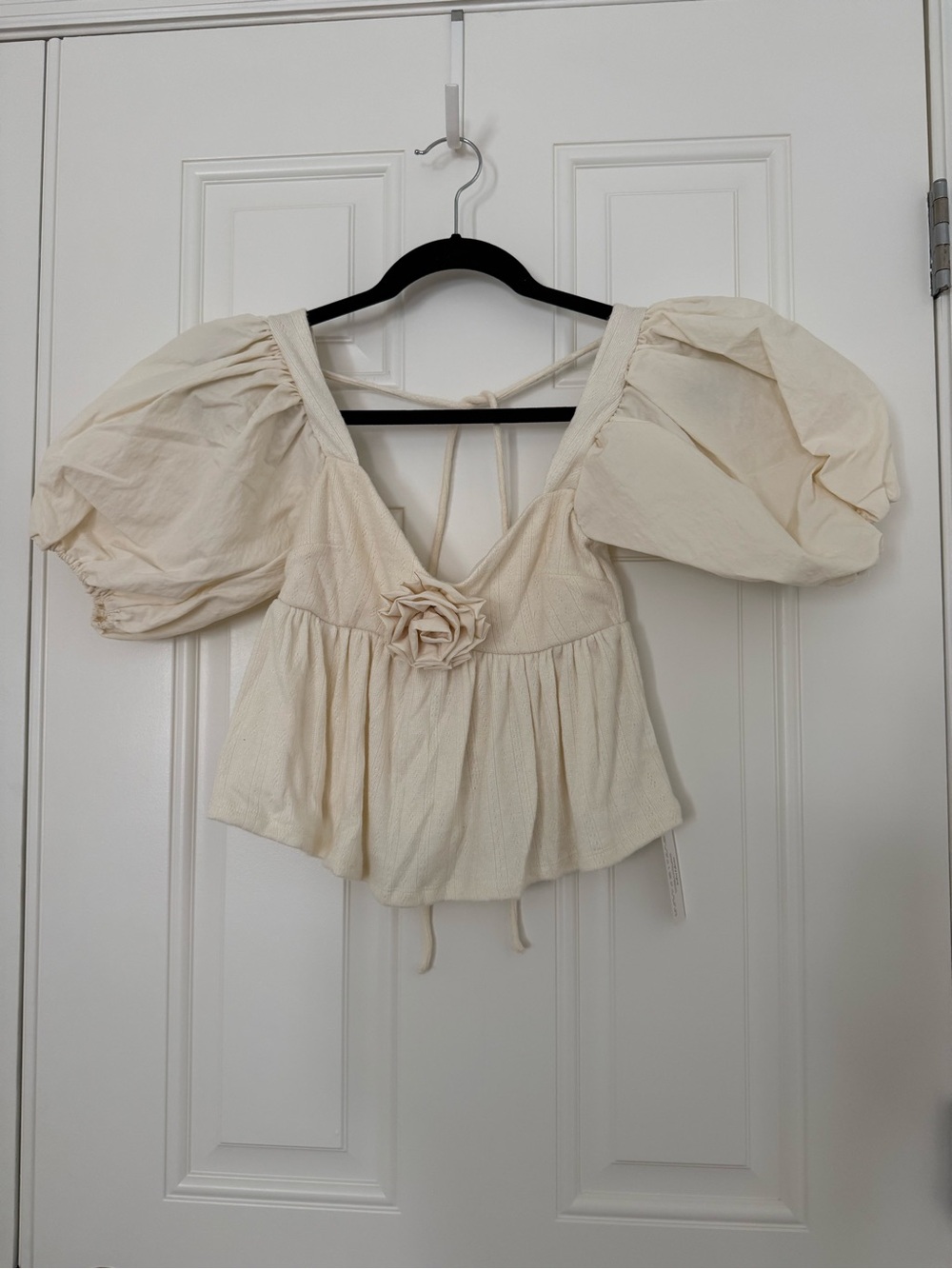 For Love And Lemons Cream Puff-Sleeve Peplum Top with Rose Accent